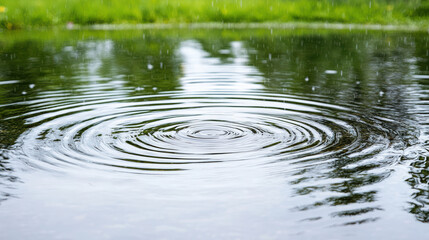 Ripples form on surface of tranquil puddle as rain falls gently, creating serene atmosphere