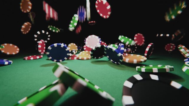 Slow Motion of Poker Chips Falling onto Casino Table
