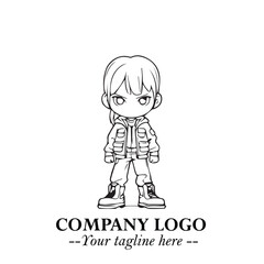 Black and White Chibi Girl Standing in Jacket, Pants, and Boots. Simple Bold Vector Illustration