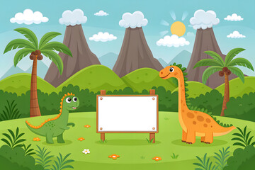 Two cartoon dinosaurs and blank sign in a prehistoric landscape Keywords: dinosaur, cartoon