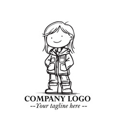 Black and White Chibi Girl Standing in Jacket, Pants, and Boots. Simple Bold Vector Illustration