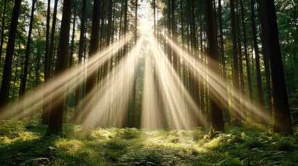 Obraz premium Radiant beams of light break through tall trees in serene forest, creating peaceful atmosphere