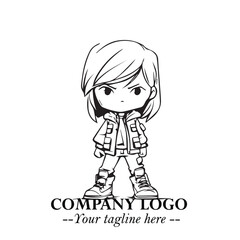 Black and White Chibi Girl Standing in Jacket, Pants, and Boots. Simple Bold Vector Illustration