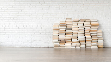 Stacked books against white brick wall create cozy and inviting atmosphere