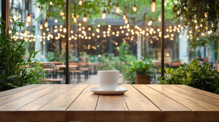 Serene coffee scene with white cup on wooden table, surrounded by lush greenery and warm lights