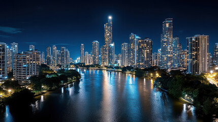 Obraz premium Tranquil night skyline reflection on river surface showcases vibrant city lights