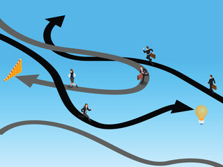 Isometric Business People Racing on Intertwined Arrow Paths Towards Goals 3d vector illustration