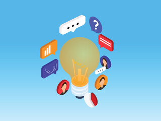 Isometric Brainstorming Session with Lightbulb and Communication Icons 3d vector illustration