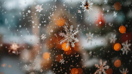 Frosted window reveals delicate snowflakes in close-up winter view
