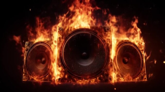 Three blazing speaker stacks glow amid orange flames against a dark, smoky background. vivid sounds