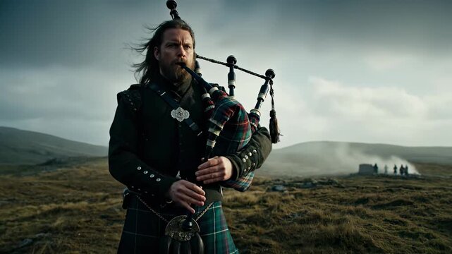 A man in traditional attire plays bagpipes on a desolate moor, with figures in the distance