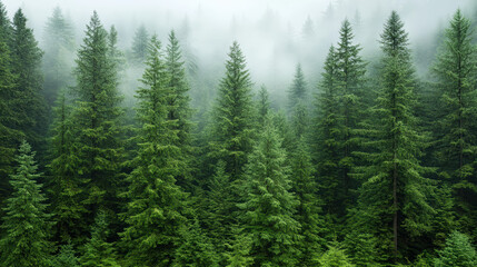 Fototapeta premium Lush green forest with tall trees surrounded by fog creates serene atmosphere