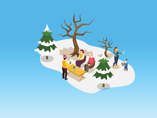 Isometric People Having Outdoor Coffee Meeting on a Snow-Covered Winter Island 3d vector illustration