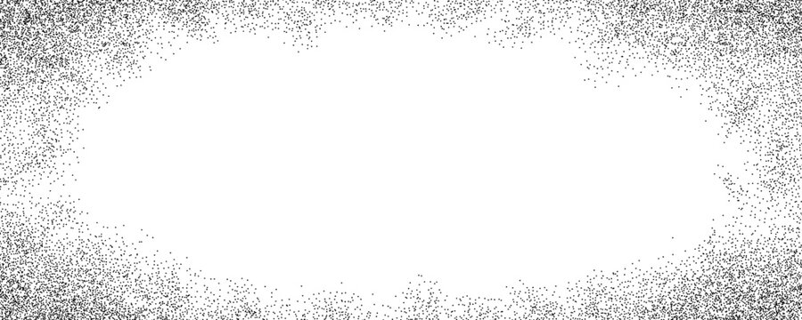 Sand grain gradient texture. Fading sprayed dot frame background. Stippled radial border overlay. Grange dotted noise pattern wallpaper with zoom effect. Vector vignette grainy halfton patern backdrop