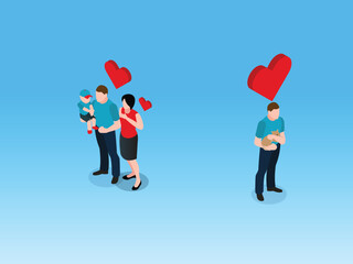 Isometric Comparison of Family Love and Pet Owner Love with Heart Symbols 3d vector illustration