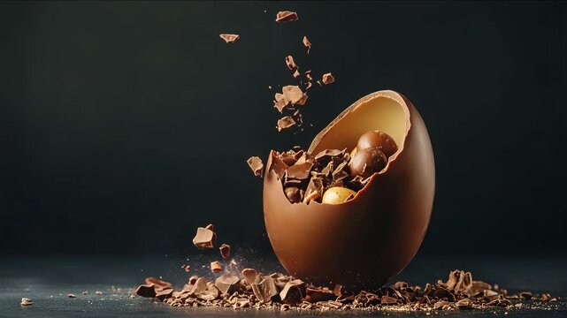 Chocolate egg bursting open with colorful candy eggs and chocolate shavings flying in all directions, Levitation, perfect for Easter celebrations or dessert promotions