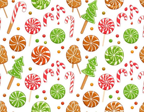 Festive repeating pattern with candy canes, lollipops, and gingerbread
