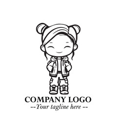 Black and White Chibi Girl Standing in Jacket, Pants, and Boots. Simple Bold Vector Illustration