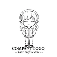 Black and White Chibi Girl Standing in Jacket, Pants, and Boots. Simple Bold Vector Illustration