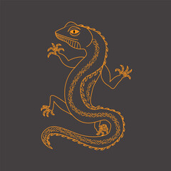 Stylized southwestern lizard in boho tribal style. Vector line art design. Clean thin lines. Dark background
