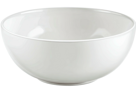 A pristine, white, glossy ceramic bowl, circular in form, perfectly centered against a black background