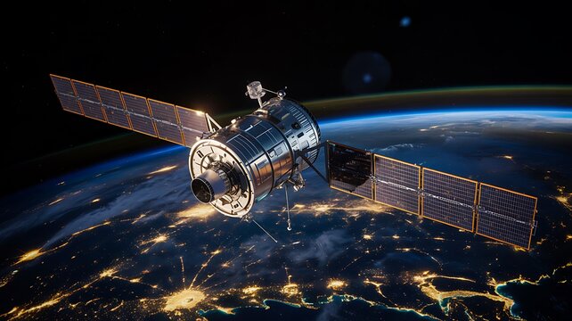 Satellite orbiting above earth at night showing global communication and technology
