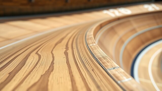 velodrome. Close-up of wooden velodrome track banking showing grain and curved structure. event key visuals, club posters, designed for sports event promotions and stadium branding.