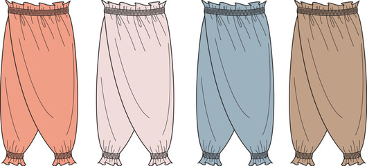 Fashion flats showcasing multiple color variations of women's casual loose-fit pants with elastic waistbands and gathered cuffs, ideal for relaxed wear designs