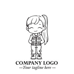 Black and White Chibi Girl Standing in Jacket, Pants, and Boots. Simple Bold Vector Illustration