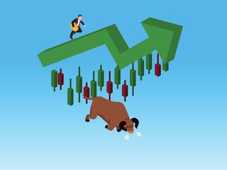 Isometric Bull Market Investment with Businessman Running on Upward Candlestick Chart 3d vector illustration