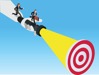 Isometric Business Team Running on Flashlight Beam to Illuminate and Reach Target Goal 3d vector illustration