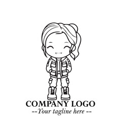 Black and White Chibi Girl Standing in Jacket, Pants, and Boots. Simple Bold Vector Illustration