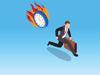 Isometric Businessman Running Away from Burning Clock Symbolizing Deadline Pressure 3d vector illustration
