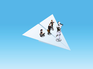 Isometric Business Team and Robot Partner Flying on a Paper Airplane Startup 3d vector illustration