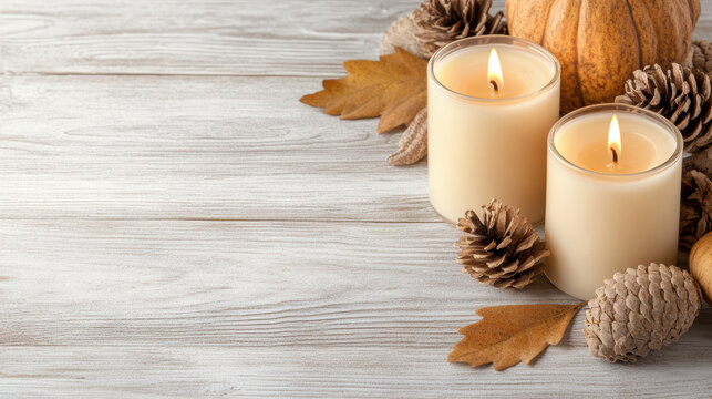 Cozy candles with warm glow surrounded by pine cones and autumn leaves create rustic ambiance