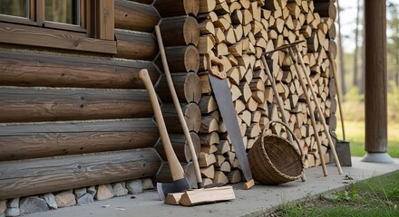 Stacked Firewood Logs Next to a Rustic Log Cabin Wall with Tools.