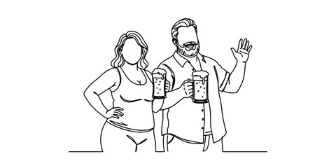 Minimalist one-line drawing of a man and woman holding beer mugs and smiling together. Represents friendship, joy, celebration, and body positivity.
