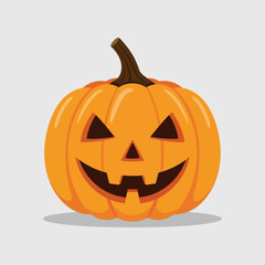 A carved jack-o-lantern with a spooky, grinning face and a stem, isolated on a light gray background, representing Halloween.