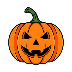 A vibrant orange jack-o'-lantern with a carved, spooky face is depicted in a fun, cartoon-style illustration, perfect for Halloween.