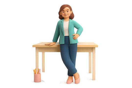 3D illustration of woman leaning casually on a desk with confident smile, modern office outfit - Powered by Adobe