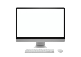 Fototapeta premium Modern desktop computer monitor with large blank white screen keyboard and mouse included isolated on transparent background