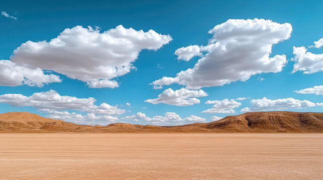 Vast desert landscape with rolling hills and fluffy clouds bright blue sky evokes tranquility