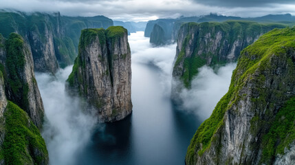 Fototapeta premium Majestic cliffs rise through morning fog, creating serene landscape over calm waters
