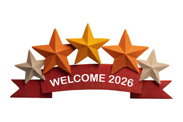 Welcome 2026 Celebration Banner with Colorful Stars and Red Ribbon for New Year Events and Festive Occasions
