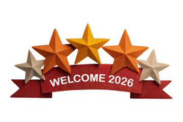 Welcome 2026 Celebration Banner with Colorful Stars and Red Ribbon for New Year Events and Festive Occasions