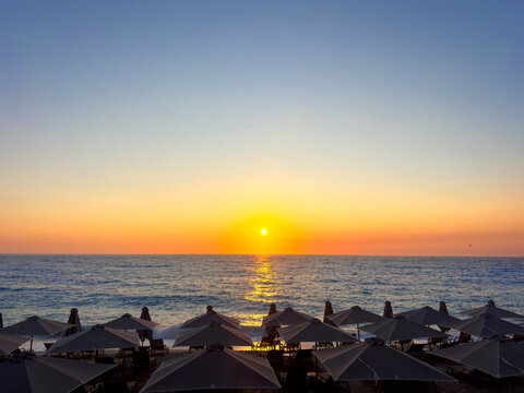 Sunset at the beach and blue sky with copyspace