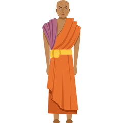Fototapeta premium Buddhist Monk Standing with Eyes Closed Wearing Orange Robes and Purple Shawl Against a White Background