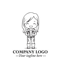 Black and White Chibi Girl Standing in Jacket, Pants, and Boots. Simple Bold Vector Illustration