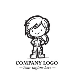 Black and White Chibi Girl Standing in Jacket, Pants, and Boots. Simple Bold Vector Illustration