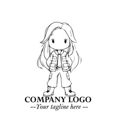 Black and White Chibi Girl Standing in Jacket, Pants, and Boots. Simple Bold Vector Illustration